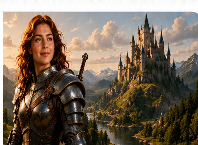 The same woman reimagined as a fantasy warrior